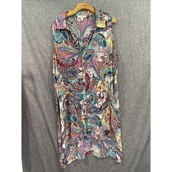 Spense Tops - Spense Top Women 2XL Multicolor Paisley Tunic Button Up Sleeveless Shirt FLAW